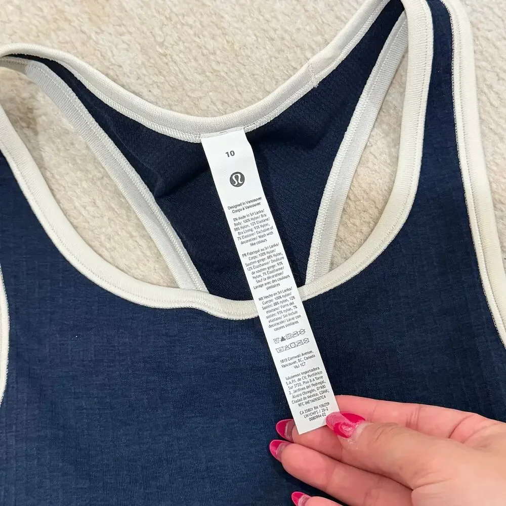 NWT Lululemon Ebb to Street Cropped Racerback Tank Top *Contrast Navy Size 10
